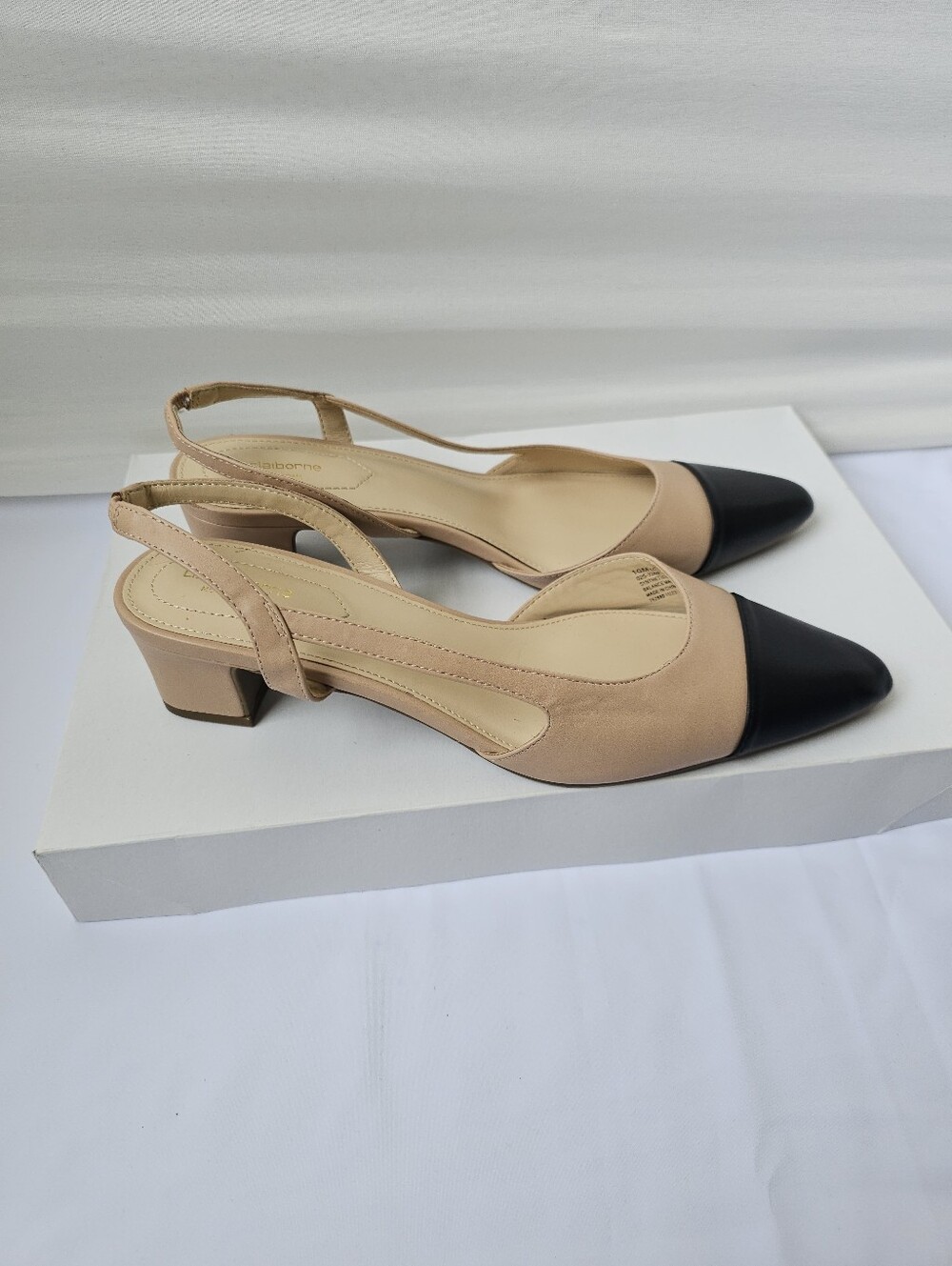 Two-Tone Slingback Pointed Toe Pumps in Beige and Black - Picture 4 of 16